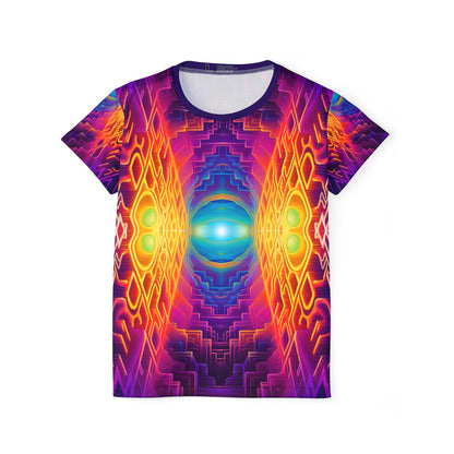 Flat lay of the Maze of Life V3 women's sport tee showing the all-over psychedelic print.