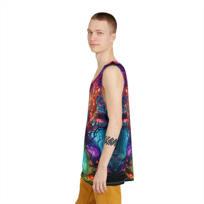 Full view of the 'Moonlight Fruit' psychedelic print across this men's tank top.