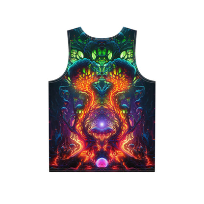 Angled view of the 'Mush Dark So Color' all-over print covering this men's tank top.
