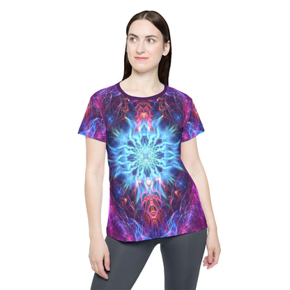 Close-up of the "Angelic Force" print on the women's sport tee.