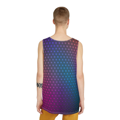 Overhead view of the Rainbow Flower of Life men's tank top on a flat surface.
