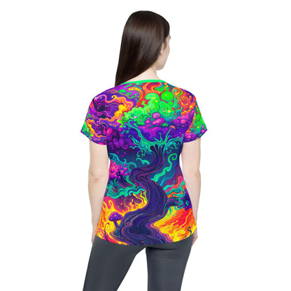 Mush Tree So Color women's sport tee shown on a model at an angle.
