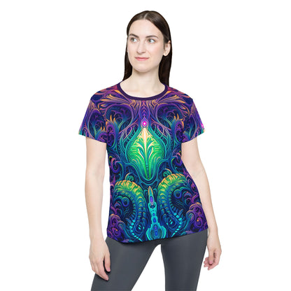 Side view of the Belladonna print on this women's sport tee