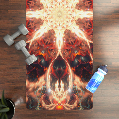 Muladhara yoga mat shown rolled out with its full print visible.