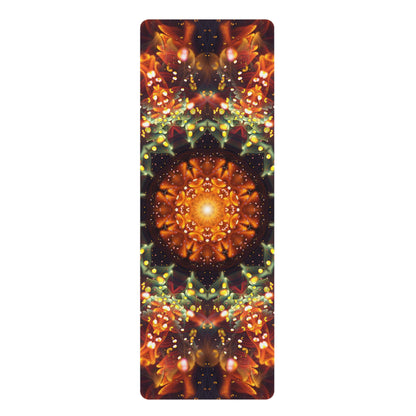 The Autumn Bloom yoga mat rolled up, showing the rubber bottom edge.