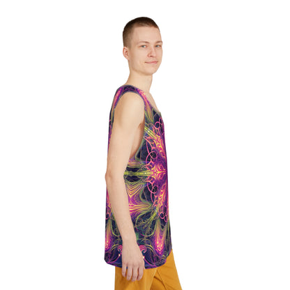 Men's tank top with the 'Gatekeepers Mandala' print viewed from above.