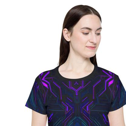 Fabric close-up of the "Alice In Night City" women's sport tee print.