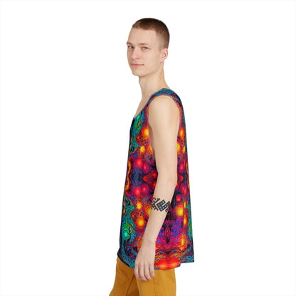 Full view of the 'Molten Flow' psychedelic print across this men's tank top.