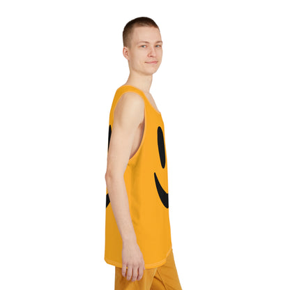 Men's tank top with the 'Yellow Smiley' print viewed from above.
