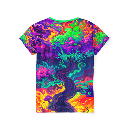 Mush Tree So Color women's sport tee shown from the back.