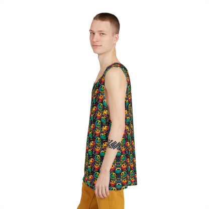 Another angle of the Smiley Green Yellow Pattern men's tank top showing the print.