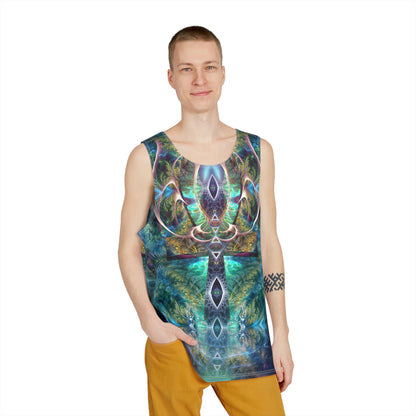 Angled view of the Fluer de Vie men's tank top on a hanger.