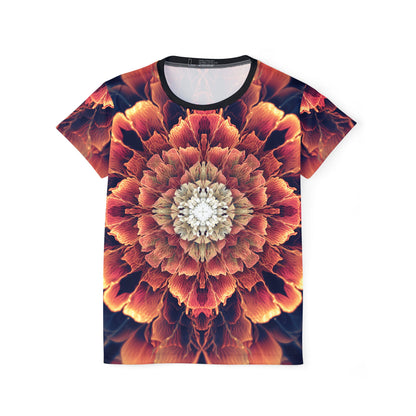 Front view of the Mandala Bloom sport tee showing the all-over print design.