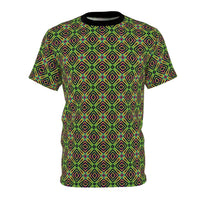 Front flat lay of a premium tee in the LSDream Pattern, an all-over green, navy and magenta diamond print.
