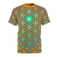 Front view of this premium tee's glowing flower of life sacred geometry print.