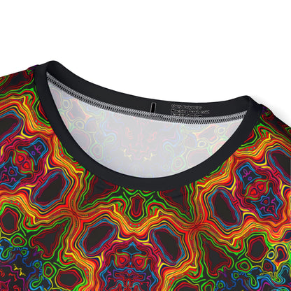 Close-up of the Lysergic Burst print on the men's sport tee fabric.