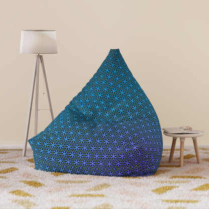The filled Blue Flower of Life bean bag chair cover, ready to sit on.