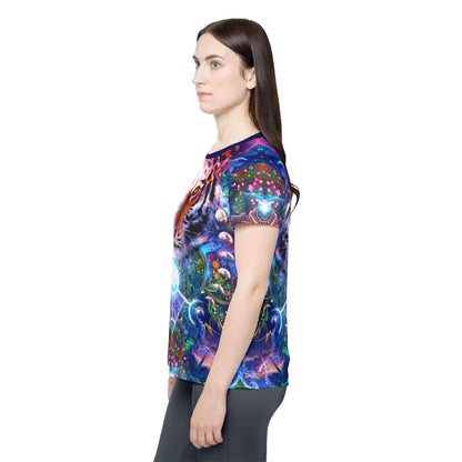 Overhead view of the "Hunter's Moon" print women's sport tee laid flat.