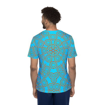 Men's sport tee in the Loco Motion design, worn by a model, front view.