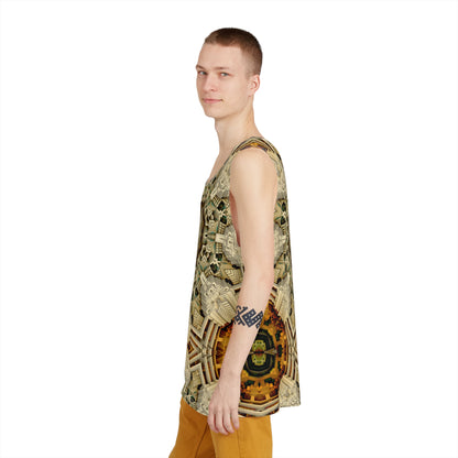 Full view of the 'Mayan Web' psychedelic print across this men's tank top.
