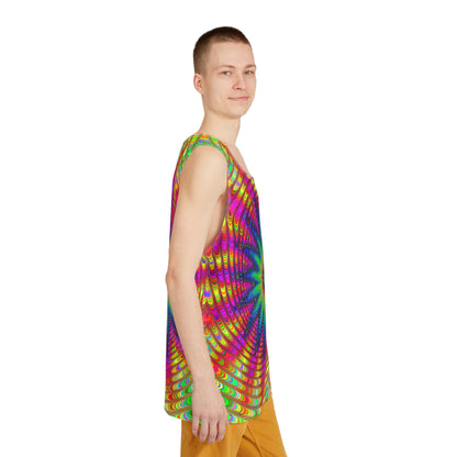 Angled view of the 'Tie Dye Burst' men's tank top showing the print and fit.
