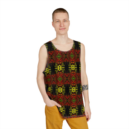 Close-up of the print detail on a 'Voaconga' men's tank top.