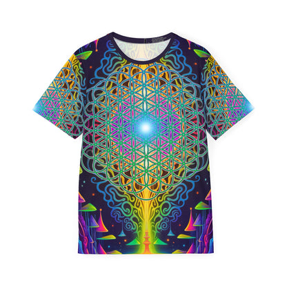 Flat lay of the Maze of Life Flip men's sport tee showing the all-over psychedelic print.