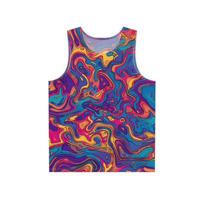 Front view of the Liquid Psy psychedelic art men's tank top on a model.