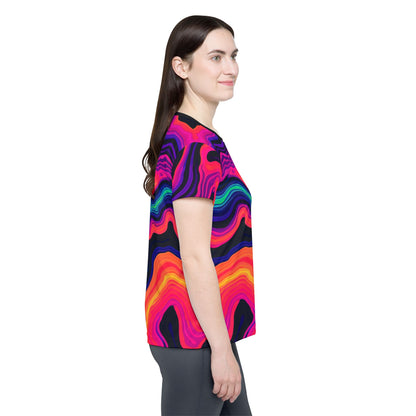 Women's sport tee in the Drizzle psychedelic all-over print design, detail of the all-over print.