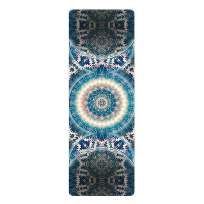 Triple Goddess yoga mat flat lay on a white background, showing the full blue and pink mandala print with crescent moons.