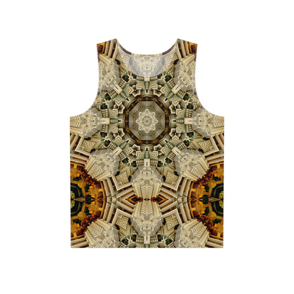 Close-up detail of the 'Mayan Web' psychedelic print on this men's tank top.