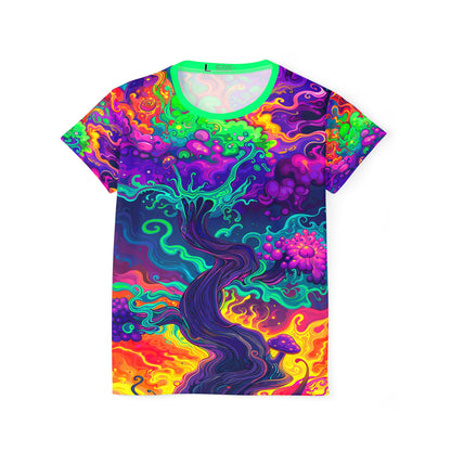 Mush Tree So Color women's sport tee shown from the front, full print view.