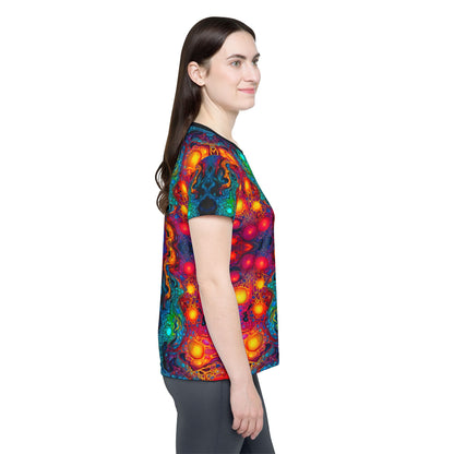 Molten Flow women's sport tee shown fully spread to display the design.