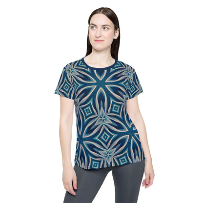 Angled view of the women's sport tee highlighting the "Ice Chant" design colors.