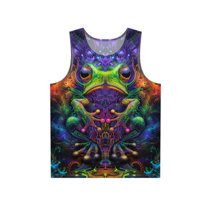 Front view of the Kiss Me men's tank top showing the full psychedelic art print.
