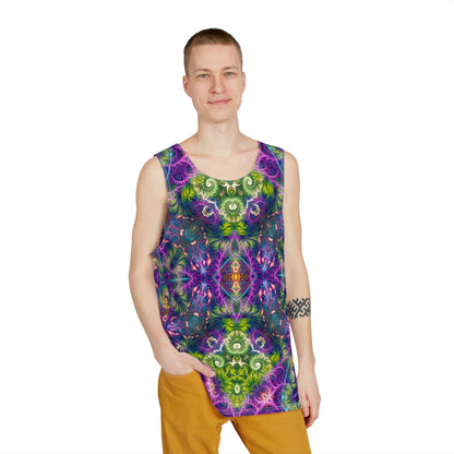 Angled view of the 'Emergence Pattern' men's tank top highlighting the print colors.