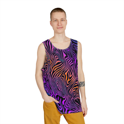 Rainbow Zebra men's tank top shown at an angle to highlight the artwork.
