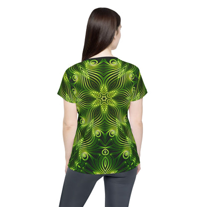 Corner detail of the "Green Lattice" print women's sport tee.