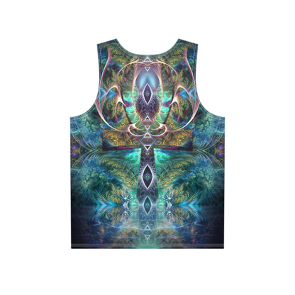 Close-up of the Fluer de Vie print detail on the men's tank top fabric.