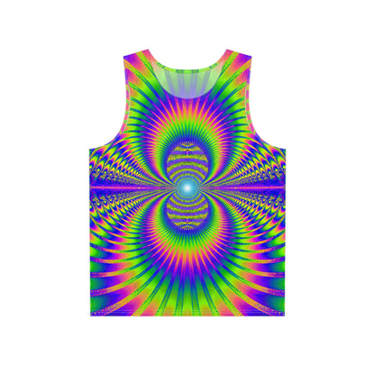 Front view of the 'Blast Off' men's tank top laid flat, showing the full all-over print design.