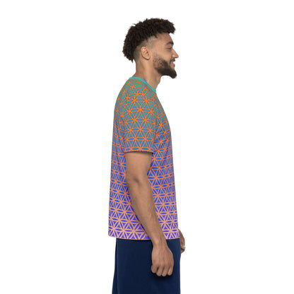 Men's sport tee in the Flower de Life sacred geometry all-over print design, laid flat.