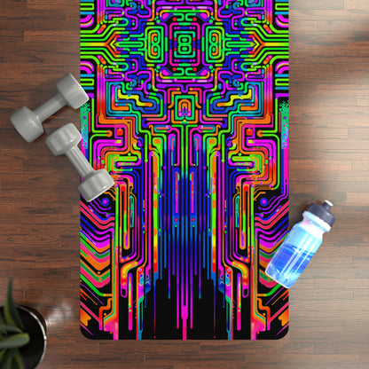 Borg Rave yoga mat unrolled on a wood floor next to dumbbells and a water bottle.
