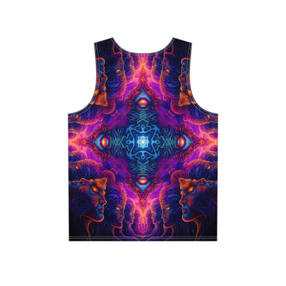 Close-up of The Watchers Square all-seeing eyes print on a men's tank top.