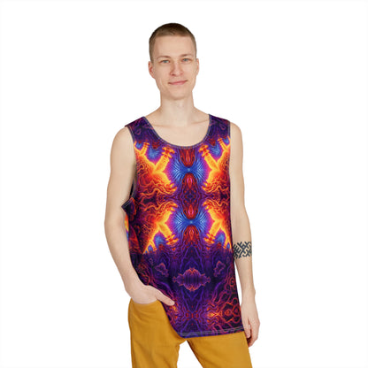 Angled view of the Lilith's Gate men's tank top on a hanger.