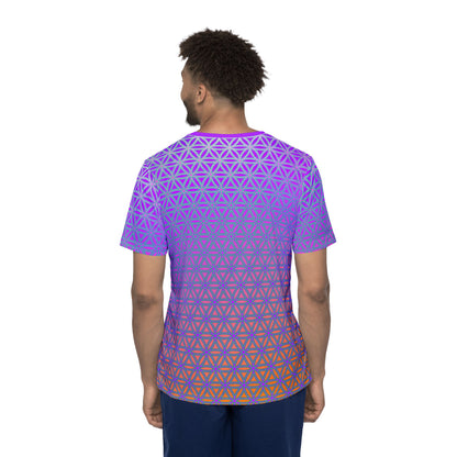 Men's sport tee in the Flower de Life V2 sacred geometry all-over print design, shown from above.