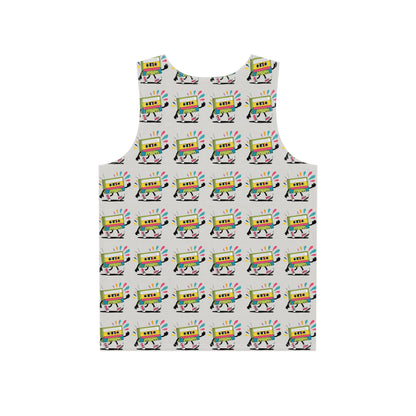 Close-up of the Cassette Pattern print detail on a men's all-over print tank top.