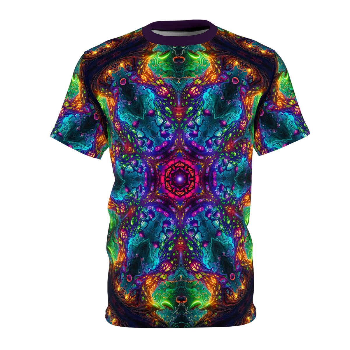Front view of the Fungus Amongus Mandala all-over print t-shirt with a glowing psychedelic mandala across the chest.