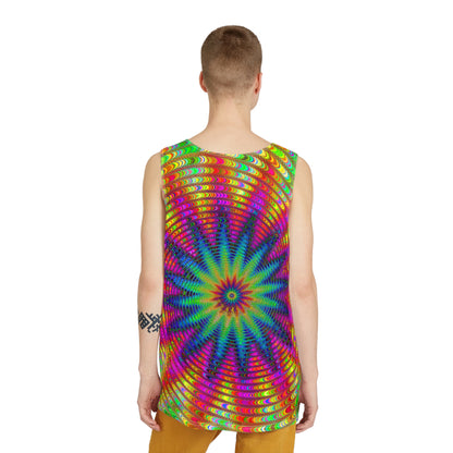 Folded view of the 'Tie Dye Burst' men's tank top on a plain background.