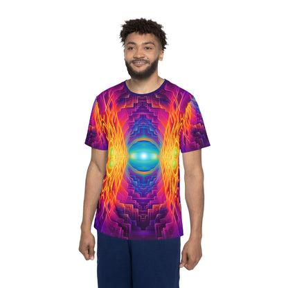 Overhead view of the Maze of Life V3 men's sport tee laid flat.