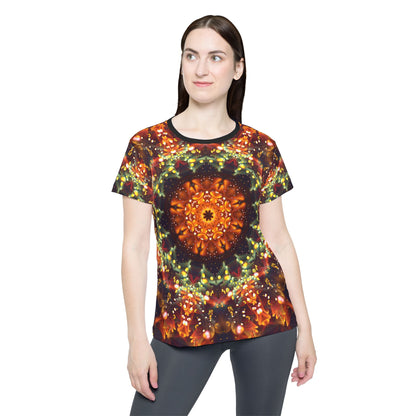 Side view of the Autumn Bloom print on this women's sport tee